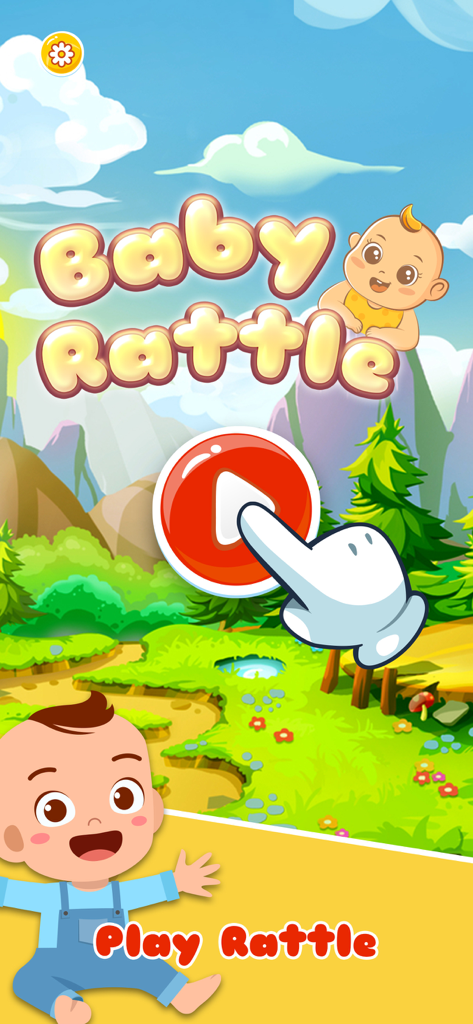 Baby rattle games: Kids lock - Main menu of Baby Rattle app featuring cartoon babies and a play button in a colorful landscape
