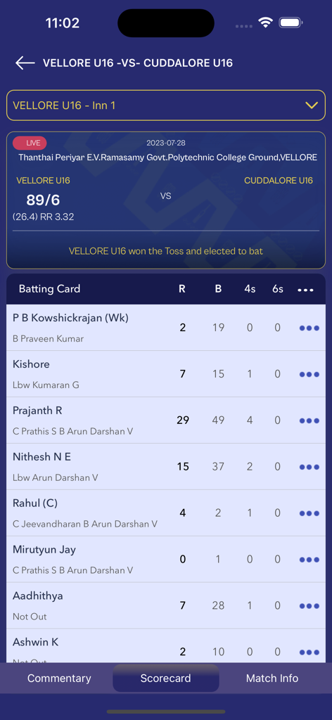 Live cricket match batting card and scores on the TNCA LIVE app