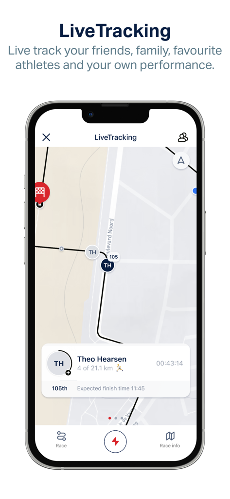 MiCarreraPR - MiCarreraPR mobile app interface for live tracking runners on a race map.