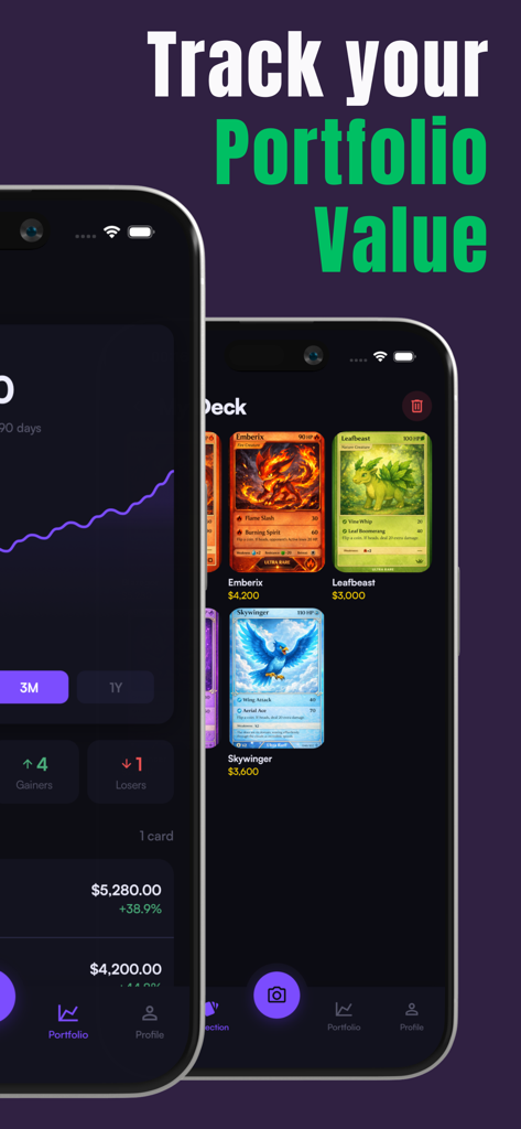Cardex - TCG Card Scanner - Mobile app screens showing TCG card collection tracking with portfolio value and market price analysis