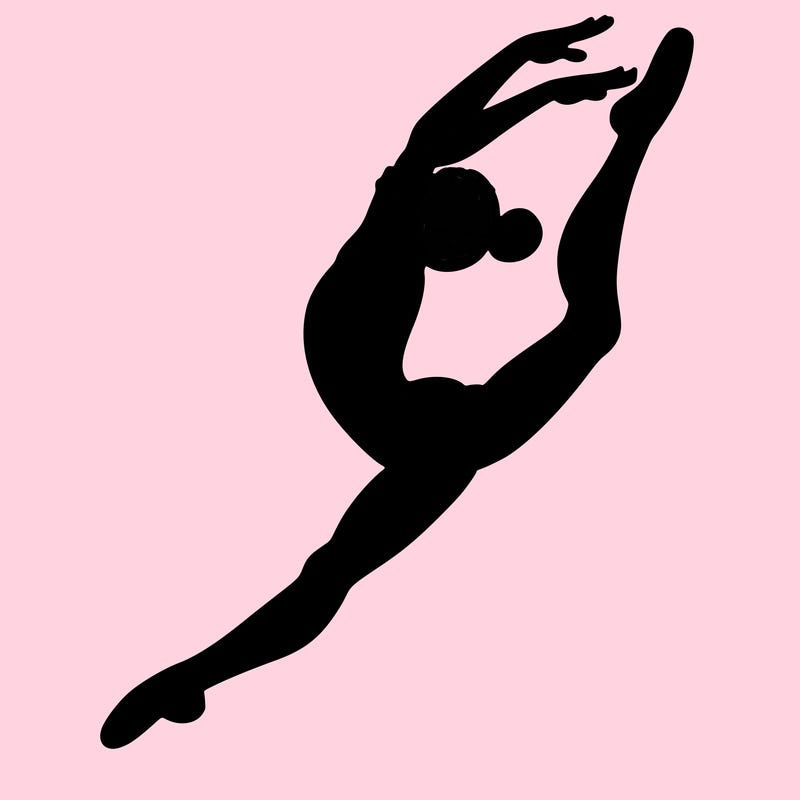 gymnast doing a leap in a leotard with a bent back leg