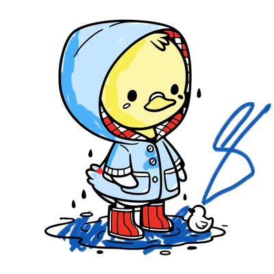 baby duck in a rain coat and boots, in a puddle while it’s raining