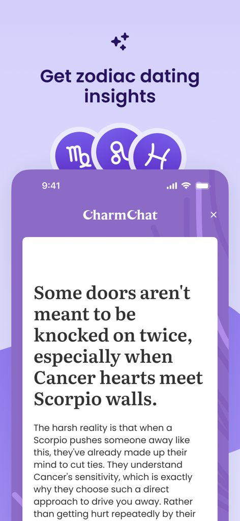 CharmChat app screen displaying astrological insights for dating compatibility