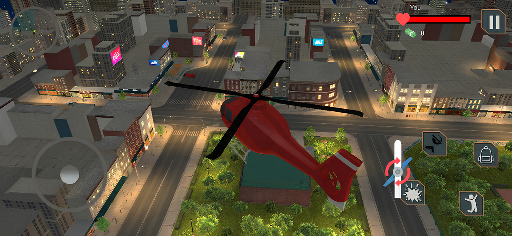 GTA V Mobile : Crime City MODS - A red helicopter flying over a 3D city environment at night in the game