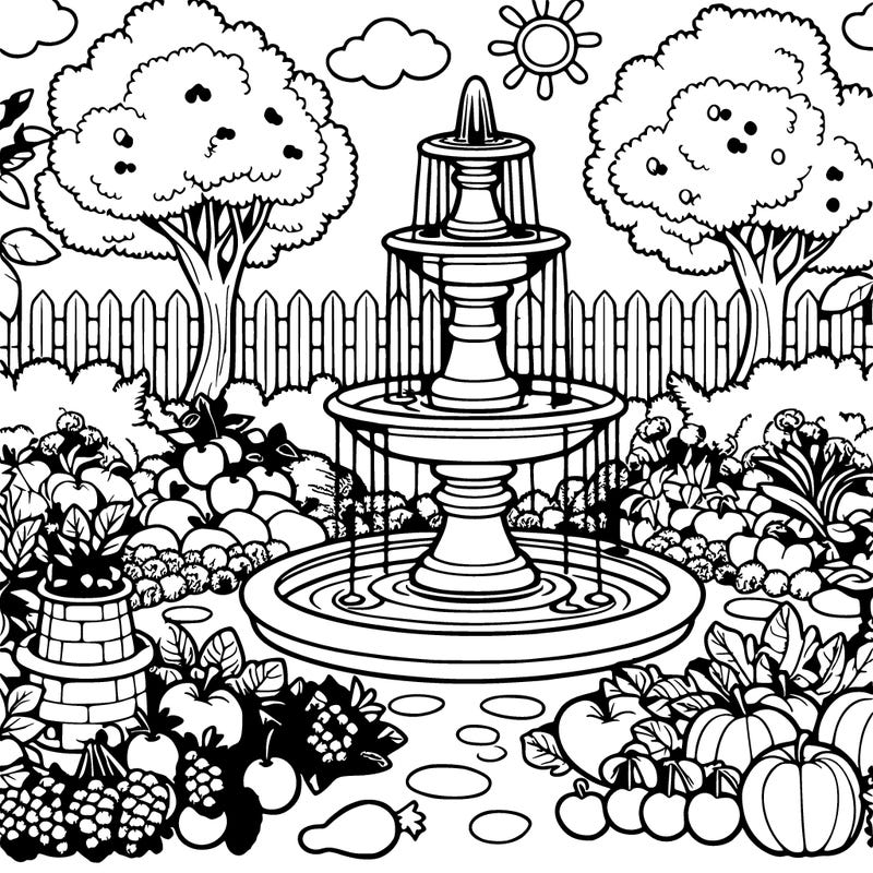 garden with a fountain and fruit and vegetables
