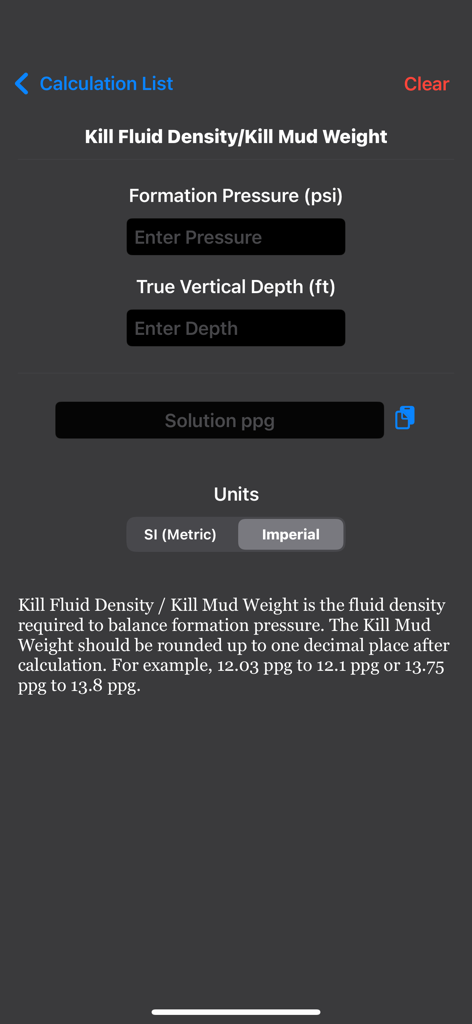 Petroleum Field Calculator - Kill Fluid Density calculation screen for petroleum engineers