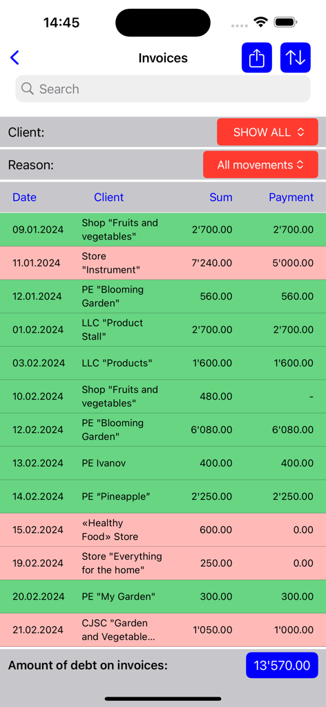 Warehouse accounting - Mobile app screen showing a list of customer invoices with payment status and total debt