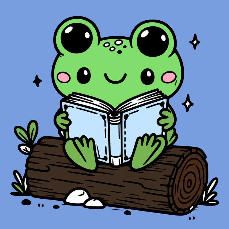 cute frog reading book on a log