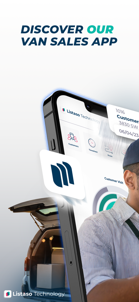 Listaso Van Sales app interface for managing customer visits and delivery routes
