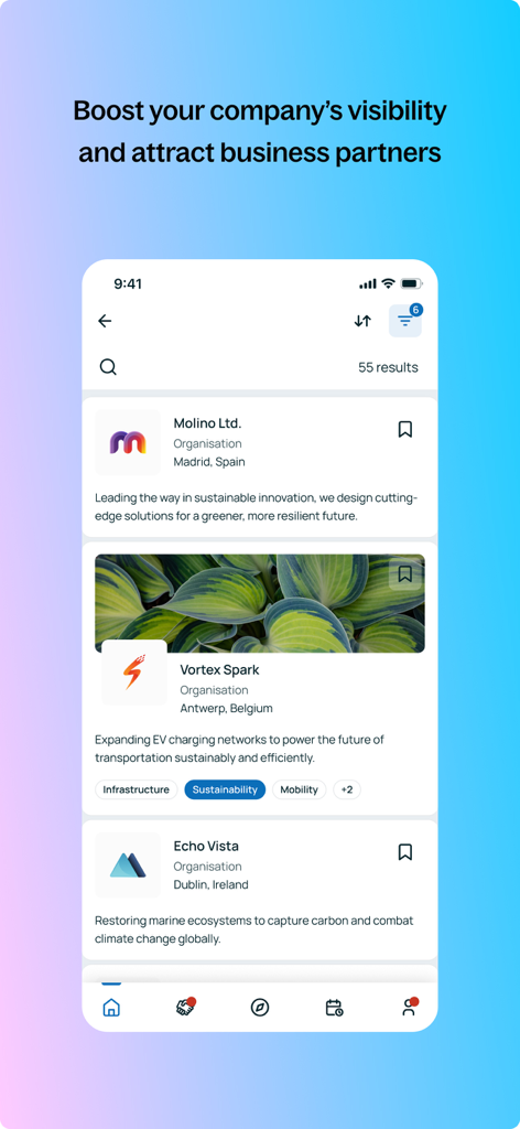 Uma captura de tela do aplicativo móvel b2match exibindo uma lista de perfis de empresas para networking profissional e parcerias de negócios