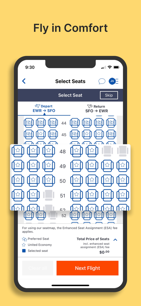 OneTravel Flight & Hotel Deals - Pantalla de selección de asientos en la aplicación móvil OneTravel que muestra un mapa de asientos de avión para una reserva de vuelo.