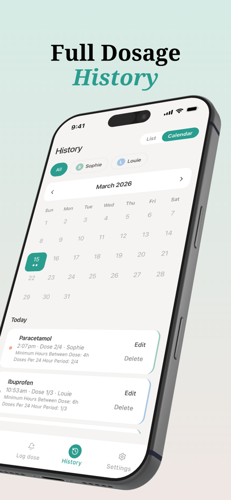Little Doses: Kids Med Tracker - Screenshot of the Little Doses app showing a full medication history calendar and daily logs for children.