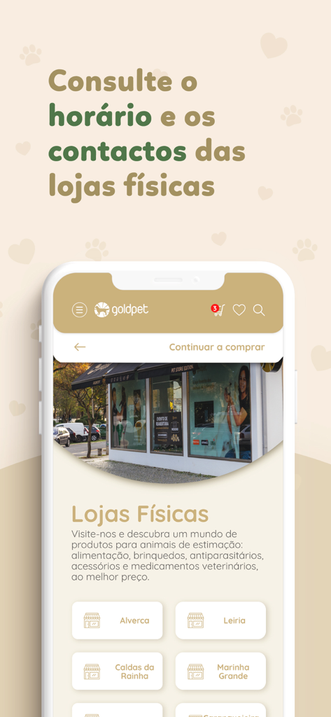 Goldpet - Goldpet mobile app screen showing physical store locations and business hours