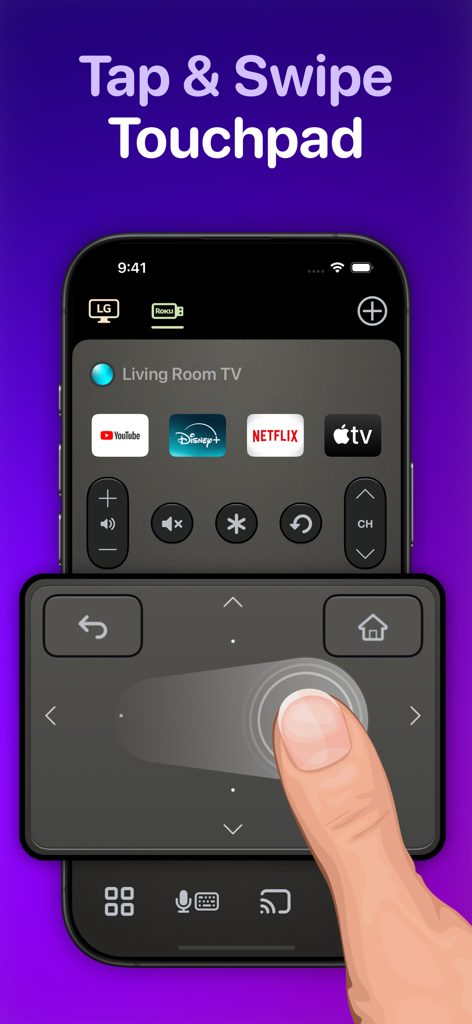 TV Remote Control “Universo” - Utilizador a navegar numa TV inteligente usando o touchpad deslizante na aplicação de controlo remoto Universo