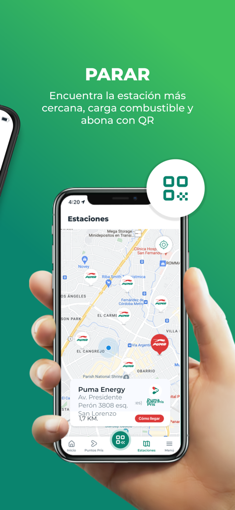 Puma PRIS (GT) - Puma PRIS app displaying a map of gas stations and a QR payment button