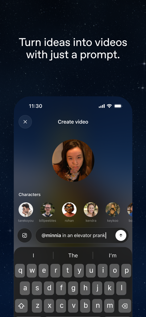 Sora by OpenAI mobile app interface for creating AI videos with text prompts.