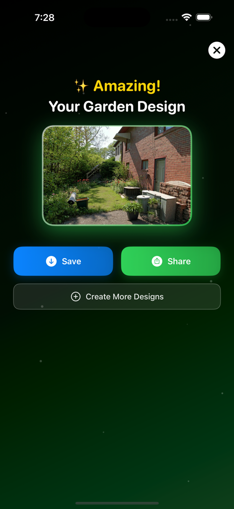 Garden Design: AI Planner - Una pantalla que muestra un diseño de jardín generado por IA con botones para guardar y compartir