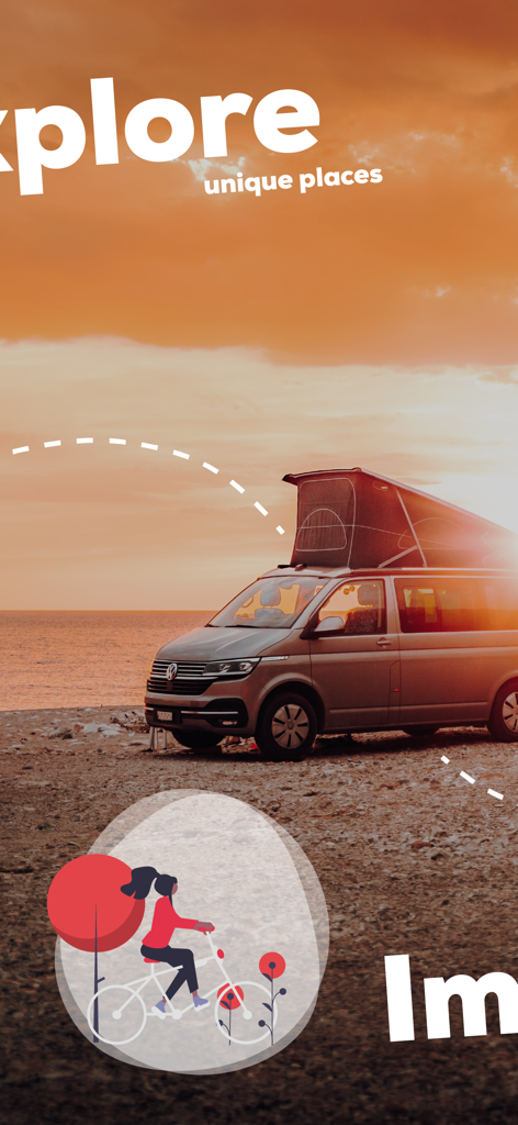 Camper van parked on a beach at sunset with a cyclist illustration