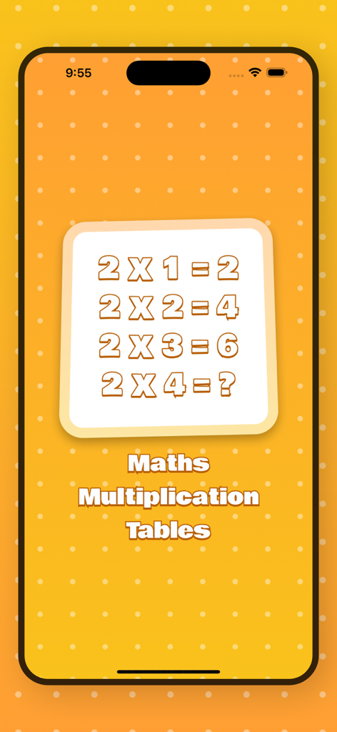 Maths Multiplication Table - Interfaz de aplicación móvil educativa que muestra la tabla de multiplicar del dos sobre un fondo amarillo brillante
