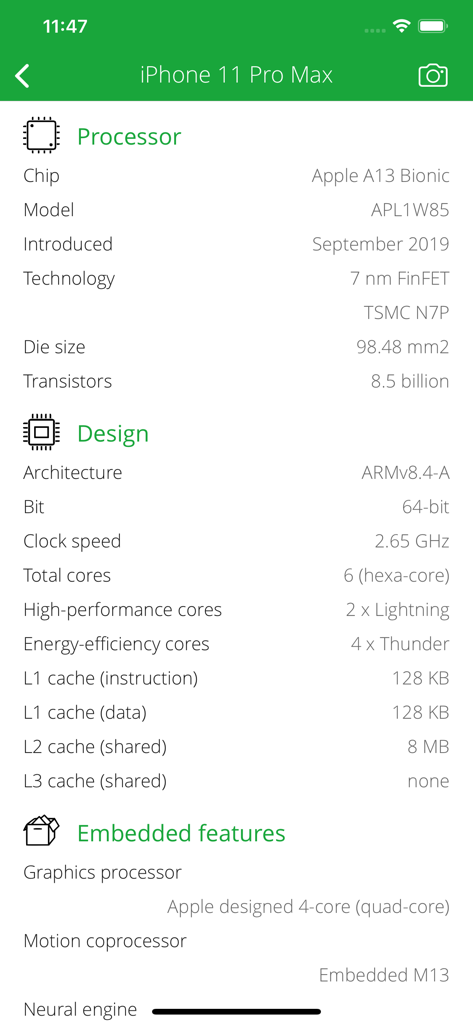 DLNA Browser - Detailed technical hardware specifications for iPhone 11 Pro Max in the DLNA Browser app including processor and architecture information.