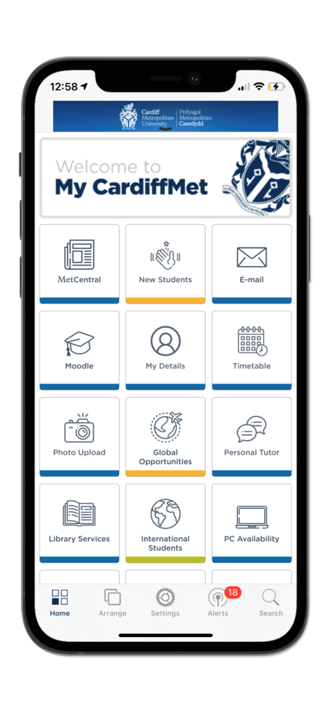 Cardiff Met University - The MyCardiffMet app home screen featuring icons for student email Moodle and timetable