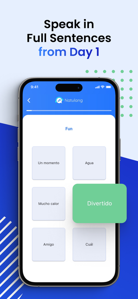 Interface de l'application d'apprentissage des langues Natulang avec des cartes de vocabulaire espagnol et un titre sur la parole en phrases complètes.