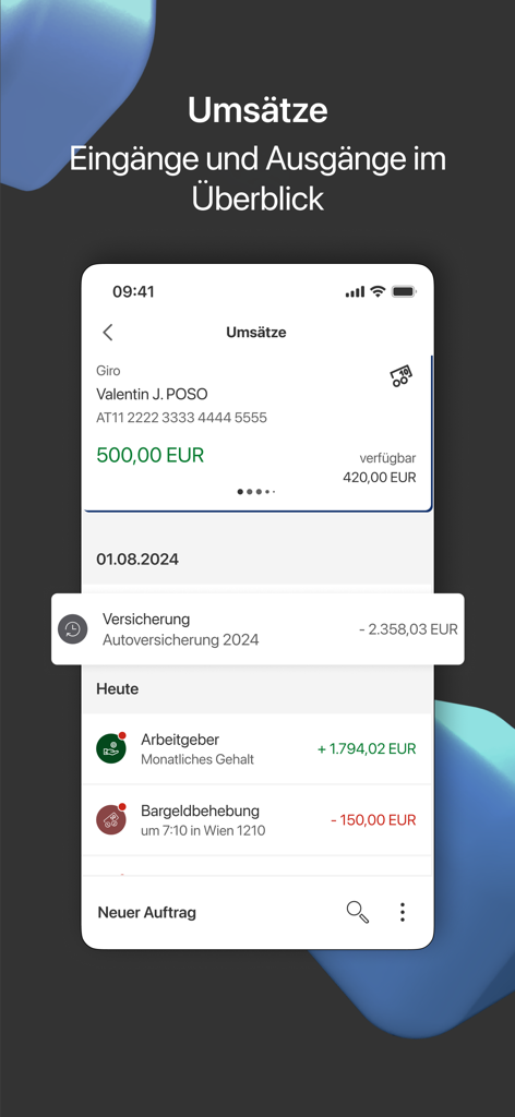 Interfaz móvil de la App de Banca Online POSO que muestra una lista del historial de transacciones y el saldo de la cuenta.