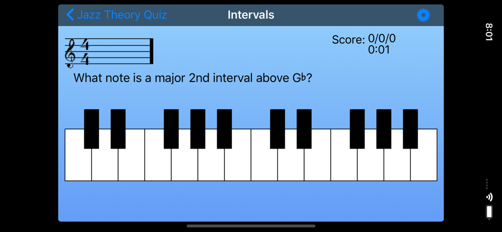 Una pregunta de cuestionario de teoría musical sobre intervalos con una interfaz de teclado de piano virtual.