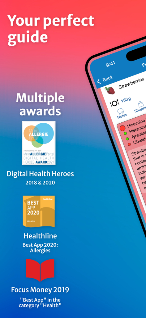 Food Intolerances - Mobile app screen showing various industry awards from Healthline, Focus Money, and MeinAllergiePortal highlighting the credibility of the Food Intolerances app.