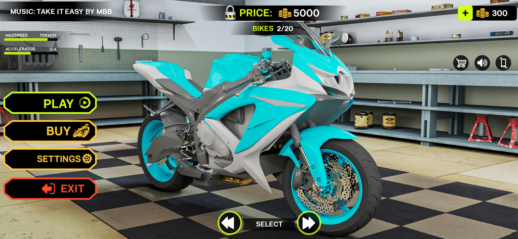 A cyan sports bike in the garage menu of High Ground Sports Bike Sim 3D.