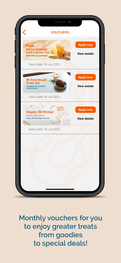 Souperholic App-Gutscheinbildschirm mit monatlichen Angeboten und Geburtstagsprämien.