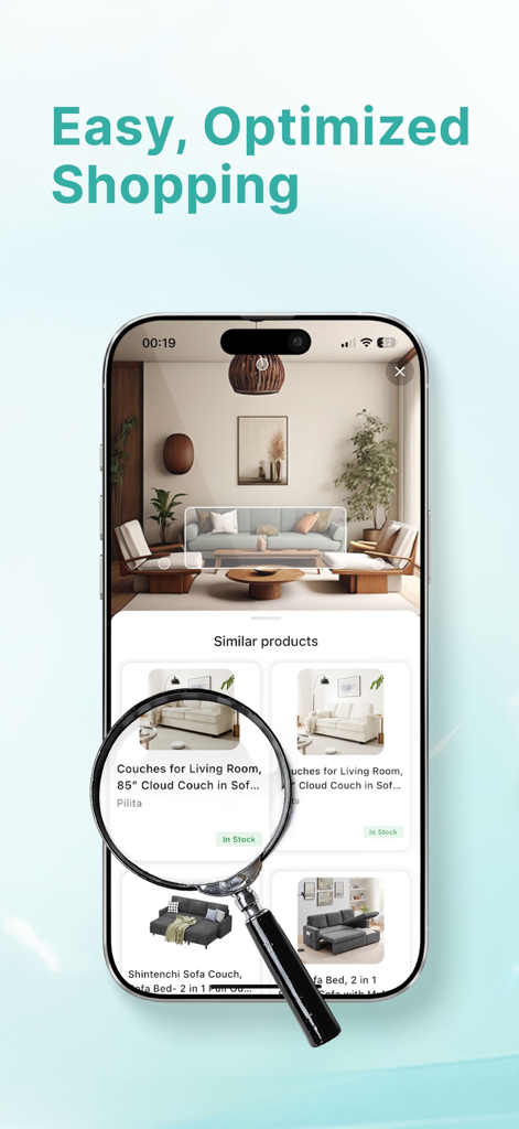 HomeVibeアプリのインターフェース。簡単で最適化された家具ショッピング機能を紹介。