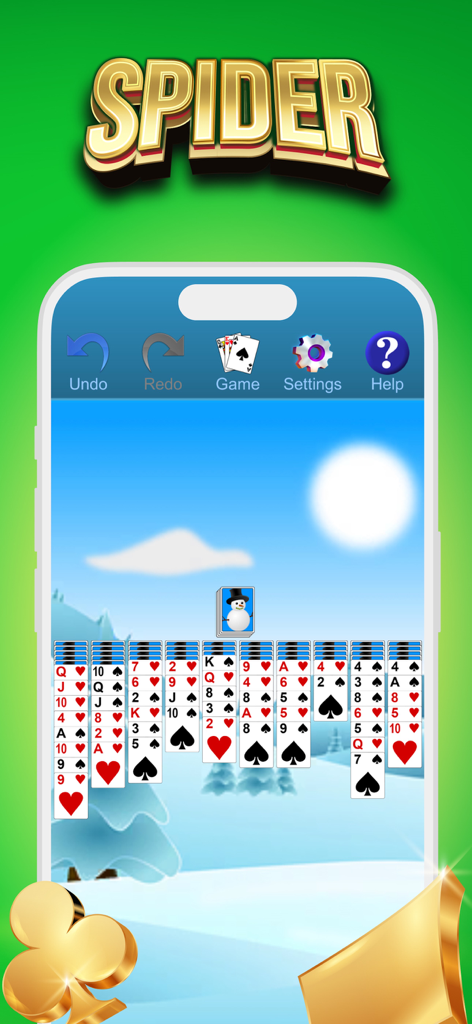 Partida de solitario Spider de la aplicación Colección de Juegos de Cartas Clásicos con un tema invernal