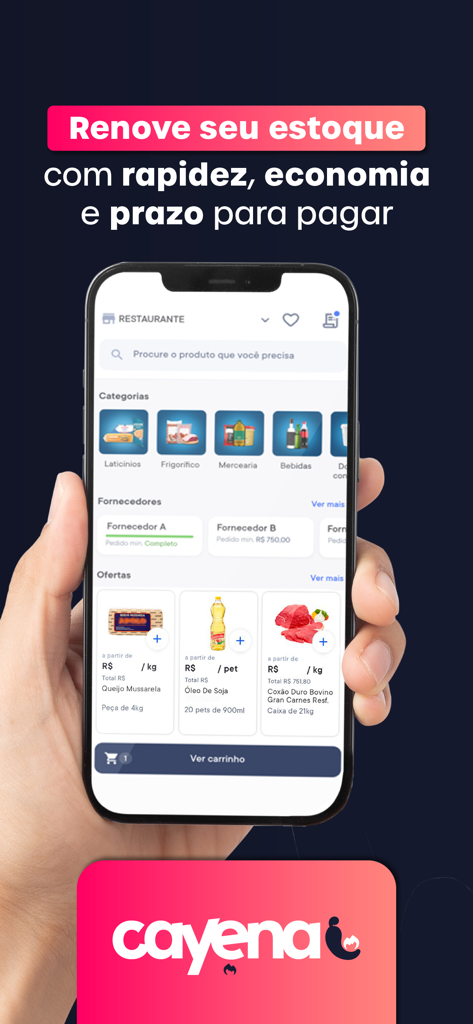 Cayena - Interface do aplicativo móvel Cayena em um smartphone mostrando categorias de produtos e ofertas para reposição de estoque de restaurante
