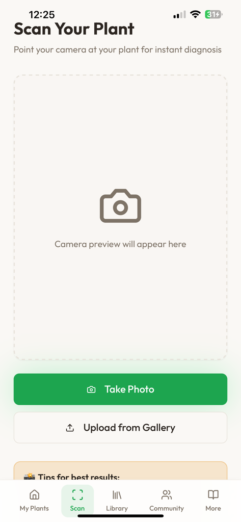 Plant Doctor – Plant Scanner - Schermata dell'interfaccia di scansione della pianta nell'app Plant Doctor con opzioni per scattare una foto o caricare dalla galleria.
