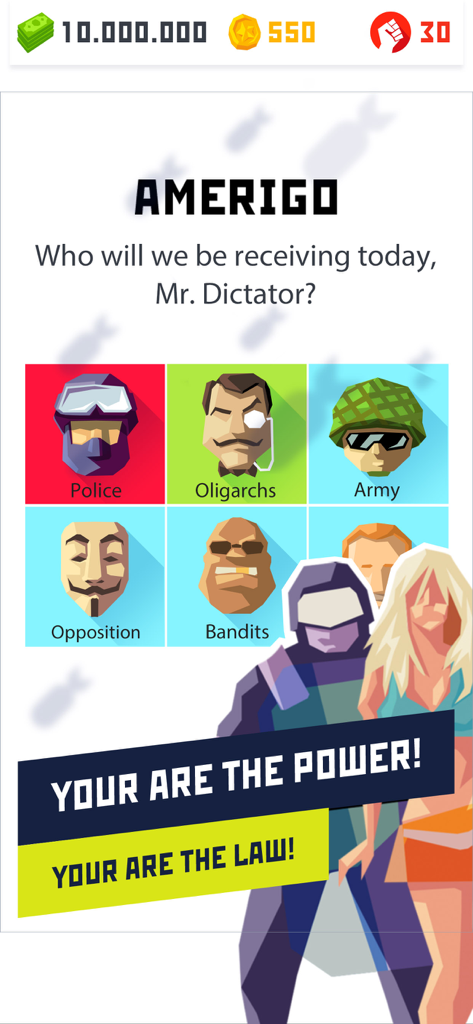 Dictator 2: Political Game - Screenshot of Dictator 2 game showing political factions like Police Oligarchs and Army to manage