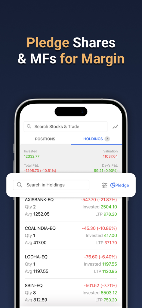 TradeSmart app interface for pledging shares and mutual funds for trading margin
