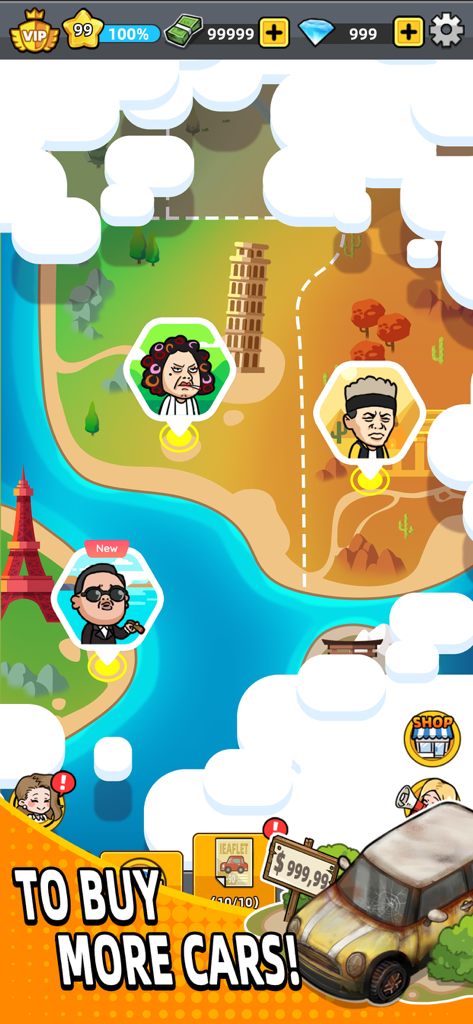 Used Car Tycoon Games - In-game world map from Used Car Tycoon Games featuring cartoon characters and famous global landmarks.