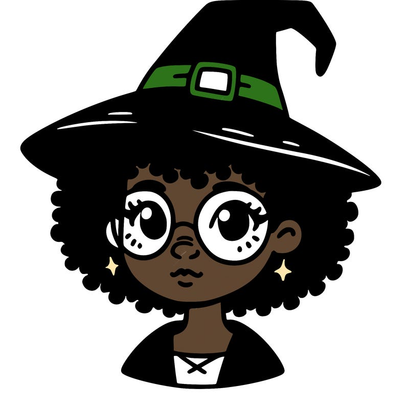 a black person who is a witch and has glasses