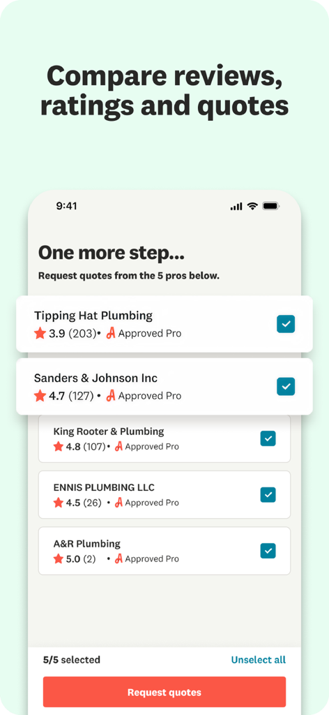 A screenshot of the Angi app showing a list of local plumbing professionals with ratings and a button to request quotes