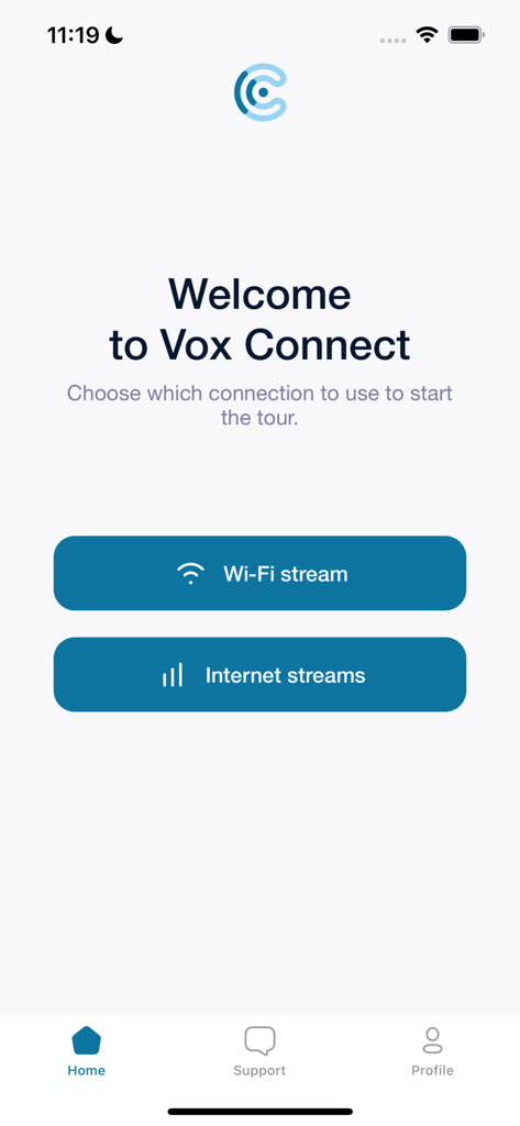 Vox Connect - Welcome screen of the Vox Connect app with options for Wi-Fi and internet streaming