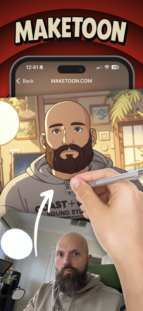 Cartoon Yourself: MAKETOON - 男性の写真がMaketoon AIテクノロジーを使用して高品質なカートゥーンキャラクターに変換された様子