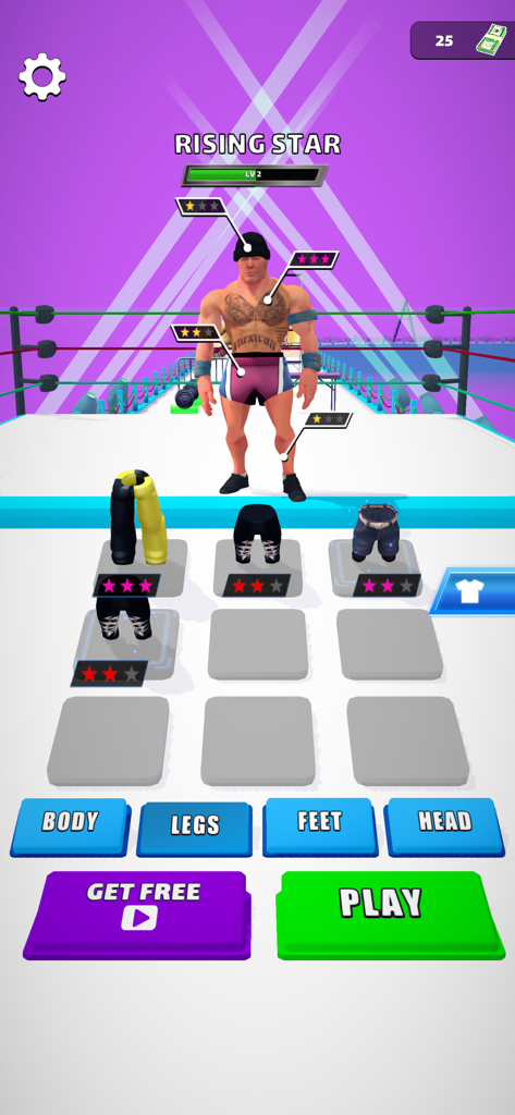 Wrestling Trivia Run! - Character customization screen in Wrestling Trivia Run showing the merge system and equipment upgrades.