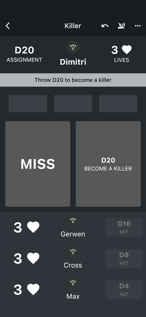 DARTS Scorekeeper 2026 - Interfaz de la aplicación DARTS Scorekeeper 2026 que muestra el modo de juego Killer y las vidas de los jugadores