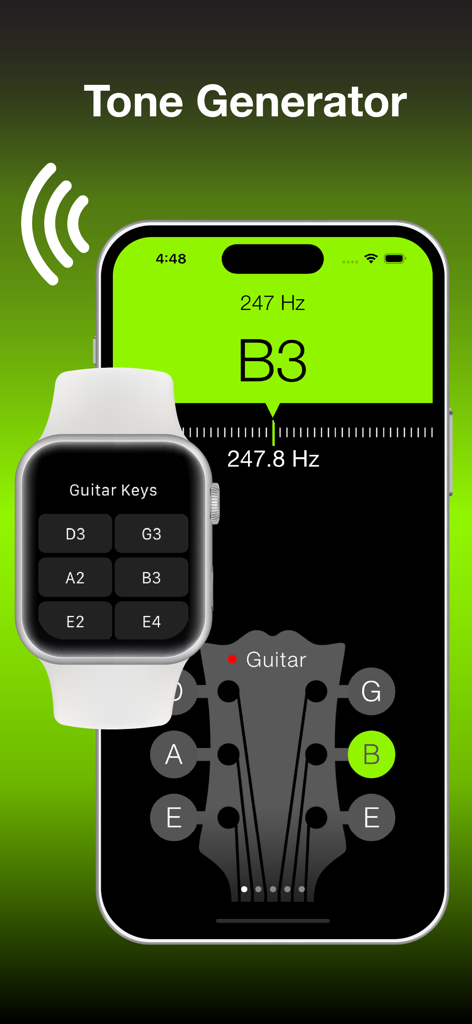 Guitar Tuner & Tone Generator - Interfaz de la aplicación Guitar Tuner y Tone Generator en iPhone y Apple Watch que muestra un generador de tonos y llaves de afinación de guitarra