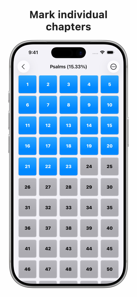 TMBR: Track My Bible Reading - Interfaz de la aplicación TMBR que muestra una cuadrícula de cuadrados numerados para marcar capítulos individuales como completados en el libro de Salmos.