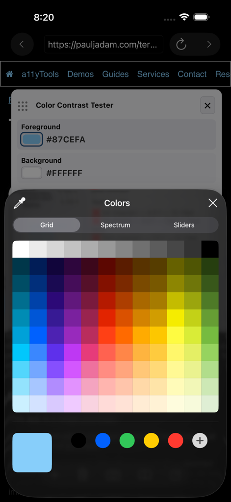 a11yTools - Web Accessibility - Color contrast tester interface in the a11yTools app showing foreground and background color selection with a color picker grid.