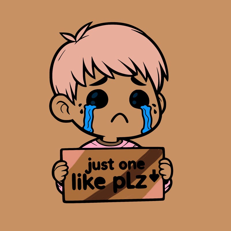 realistic crying boy with a sign saying just one like plz