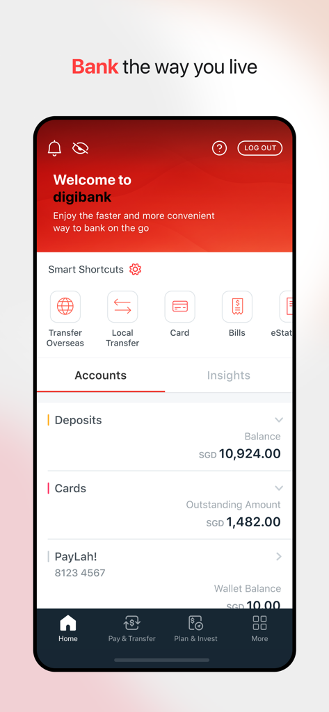 DBS digibank - DBS digibank app dashboard with account summary and shortcuts