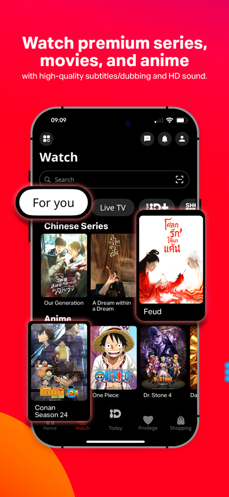 アジアドラマやアニメのカテゴリーを表示するTrueIDモバイルアプリの視聴画面